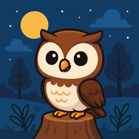 Charming vector illustration of a cartoon-style owl perched on a tree stump under a starry night sky with a full moon, clouds, and silhouettes of trees. The owl has large round eyes, a bright orange beak, and brown and cream-colored feathers, all depicted in a flat, clean-lined design. This adorable artwork is perfect for children's books, educational materials, nursery decor, bedtime stories, nature-themed designs, greeting cards, and branding. The nighttime atmosphere adds a touch of calmness and mystery, making it ideal for creative projects aimed at young audiences or wildlife enthusiasts.のイラスト素材