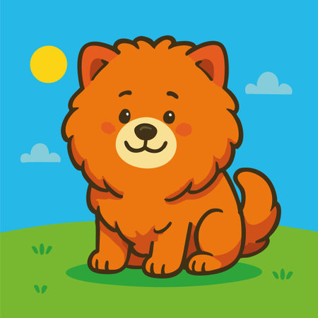 Charming vector illustration of a fluffy Chow Chow dog sitting on green grass under a sunny blue sky. This kawaii-style cartoon features bold outlines, warm colors, and an expressive, friendly face, perfect for use in children's books, pet-themed products, branding, educational materials, or digital content that needs a lovable and iconic dog breed.のイラスト素材