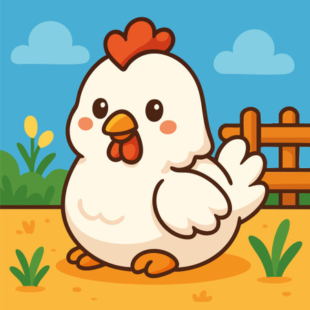 Charming vector illustration of a white hen with orange beak and comb, drawn in a kawaii cartoon style. The hen is set against a cheerful farm backdrop with blue sky, plants, and a wooden fence. This flat design artwork is ideal for children's books, farm-themed educational materials, branding for organic products, or playful designs related to animals and nature.のイラスト素材