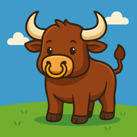 Vector illustration of a cheerful cartoon bull with large horns and a golden nose ring, standing confidently on a grassy field under a blue sky with fluffy clouds. Designed in a clean and colorful flat style, this character is perfect for farm-themed designs, children's books, animal education materials, or playful branding elements.のイラスト素材