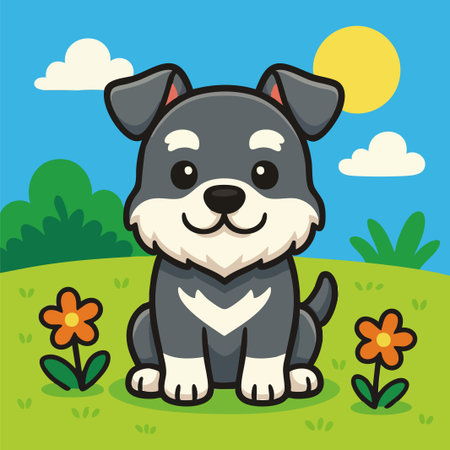Adorable vector illustration of a Miniature Schnauzer puppy in a playful and kawaii cartoon style. The dog is sitting happily in a colorful outdoor landscape with flowers, green bushes, and a bright sunny sky. This charming and clean artwork is perfect for children's books, greeting cards, educational materials, pet-related branding, stickers, or nursery wall art. Created in Illustrator with bold outlines, flat colors, and a friendly expression that conveys warmth and joy.のイラスト素材