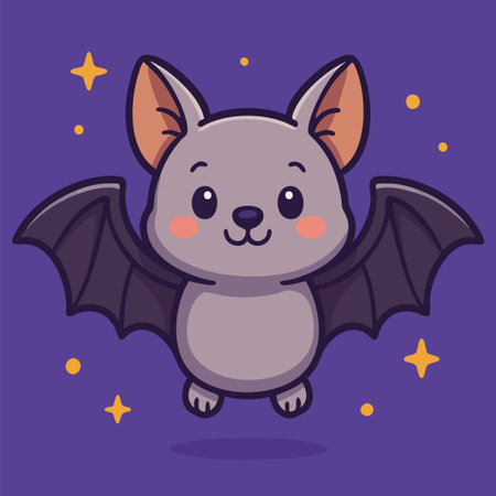Charming cartoon bat with a sweet expression, spread wings, and blushing cheeks, flying against a vibrant purple background with yellow stars. This kawaii-style vector artwork is ideal for Halloween designs, children's books, nursery decor, educational materials, stickers, and seasonal marketing campaigns. Clean lines and solid colors make it perfect for print and digital use.のイラスト素材