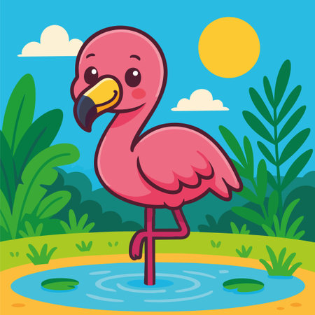 Adorable vector illustration of a pink flamingo standing on one leg in a vibrant tropical wetland. Designed in a clean cartoon style with bold outlines and flat colors, the scene includes lush green foliage, a small pond, and a bright sunny sky. Ideal for children's content, summer-themed designs, educational materials, branding, and digital products that require a cheerful and exotic animal character.のイラスト素材