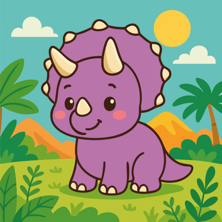 Adorable purple triceratops cartoon character with three horns, standing in a colorful prehistoric landscape with tropical plants and mountains. Created in a kawaii vector art style with clean lines and solid colors, perfect for children's educational materials, dinosaur-themed products, kids room decor, storybooks, and playful branding.のイラスト素材
