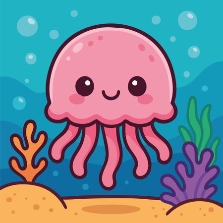 Charming vector illustration of a smiling pink jellyfish floating in a vibrant underwater scene, surrounded by bubbles, colorful corals, and ocean plants. Designed in a kawaii flat style, this adorable sea creature is perfect for children's books, marine-themed decor, educational materials, baby shower graphics, and playful branding. Its cheerful expression and clean design make it ideal for a wide range of creative projects.のイラスト素材