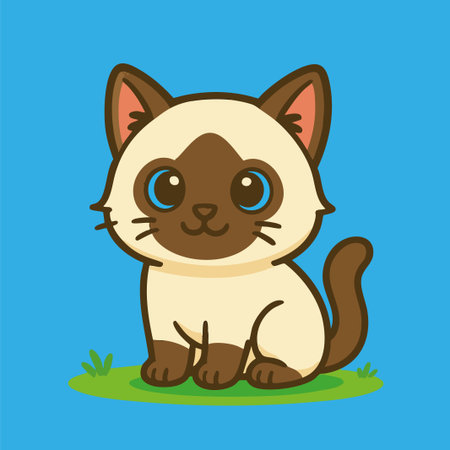 Adorable vector illustration of a Siamese cat with bright blue eyes and a cream-and-brown coat, sitting on a patch of grass against a solid blue background. Designed in a clean, kawaii cartoon style, this charming cat character is ideal for children's books, animal-themed branding, educational materials, pet shop graphics, and greeting cards. Its minimalist design and warm colors make it perfect for a wide variety of creative and commercial uses.のイラスト素材