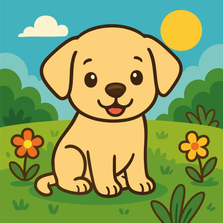 Charming vector illustration of a Labrador Retriever puppy sitting in a vibrant outdoor setting with flowers, bushes, clouds, and a bright sun. Created in a kawaii cartoon style with clean outlines and flat solid colors, this adorable dog design evokes joy and friendliness. Ideal for children's products, educational materials, pet-themed branding, greeting cards, digital stickers, and playful merchandise. The warm yellow tones and cheerful expression make it visually appealing and commercially versatile.のイラスト素材