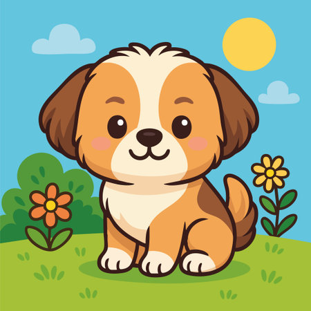 Adorable vector illustration of a Shih Tzu dog sitting on green grass with colorful flowers and a bright sunny sky. This kawaii-style artwork features clean lines, solid colors, and a charming expression, making it perfect for children's products, stickers, educational materials, pet-themed merchandise, and graphic design projects.のイラスト素材