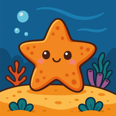 Charming vector illustration of a smiling orange starfish in a colorful underwater environment. Surrounded by coral, sea plants, and bubbles, the starfish features a playful expression and blush cheeks, ideal for children's books, educational materials, ocean-themed designs, or fun branding. Created in a flat cartoon style with bold outlines and solid colors, perfect for stickers, posters, and digital content.のイラスト素材