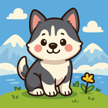 Charming vector illustration of a Siberian Husky puppy sitting on a grassy hill with a lake and snowy mountains in the background. Rendered in a kawaii cartoon style with smooth lines, solid colors, and a cheerful expression, this artwork is ideal for pet-themed designs, children's books, educational materials, branding, and digital products. The icy mountain landscape adds a thematic context, perfect for representing cold climates, adventure, and winter-friendly dog breeds.のイラスト素材