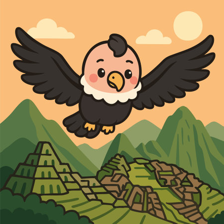 Vector illustration of two Andean condors with extended wings soaring happily over the ancient Incan city of Machu Picchu, surrounded by lush green mountains and a clear blue sky. Rendered in a charming cartoon style ideal for children's content, educational material, or cultural designs.のイラスト素材