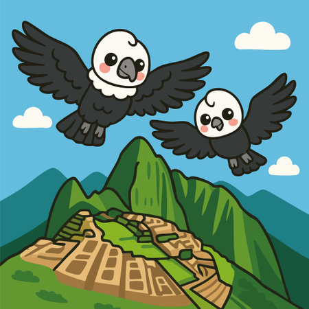 Vector illustration of two Andean condors with extended wings soaring happily over the ancient Incan city of Machu Picchu, surrounded by lush green mountains and a clear blue sky. Rendered in a charming cartoon style ideal for children's content, educational material, or cultural designs.のイラスト素材