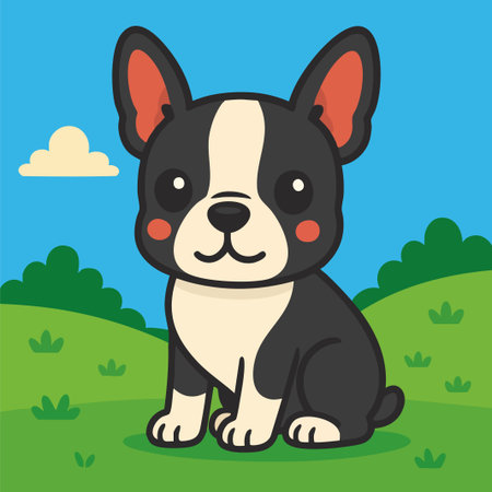 Adorable vector illustration of a cartoon-style Boston Terrier puppy sitting on a grassy hill with bushes and clouds in the background under a clear blue sky. The dog has a black and white coat, pointy ears, and a sweet expression with rosy cheeks, illustrated in a clean flat design with bold outlines and a vibrant color palette. This friendly character is perfect for children's content, pet-themed designs, educational materials, nursery prints, greeting cards, and branding aimed at animal lovers or family audiences. Its charming and approachable look adds joy and warmth to any creative project.のイラスト素材