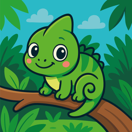 Cute chameleon sitting on a tree branch. Vector illustration.のイラスト素材