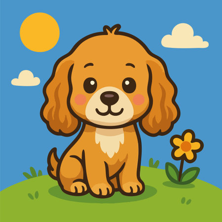 Charming vector illustration of a Cocker Spaniel dog with long floppy ears and expressive eyes, sitting on a grassy hill under a sunny sky. Designed in a kawaii cartoon style with clean vector lines and solid colors, this artwork is ideal for pet-themed content, children's books, educational materials, product packaging, greeting cards, and playful branding.のイラスト素材