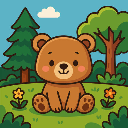 Adorable cartoon bear sitting peacefully in a colorful forest with trees, flowers, and a clear blue sky. This kawaii-style vector design features clean lines, solid colors, and a joyful expression, making it perfect for children's products, educational materials, stickers, nursery prints, and seasonal designs. Ideal for use in digital and print media.のイラスト素材