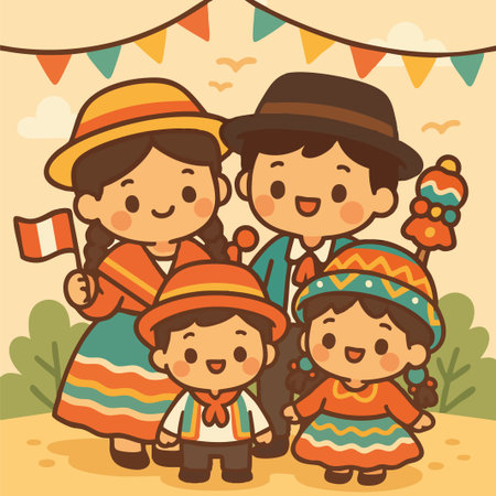 Vector illustration of a smiling Peruvian family dressed in traditional Andean clothing celebrating the Virgen de la Candelaria festival. A Peruvian flag waves in the background with mountains and clouds. Ideal for cultural, traditional, and Latin American celebration content.のイラスト素材