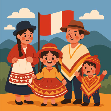 Vector illustration of a smiling Peruvian family dressed in traditional Andean clothing celebrating the Virgen de la Candelaria festival. A Peruvian flag waves in the background with mountains and clouds. Ideal for cultural, traditional, and Latin American celebration content.のイラスト素材
