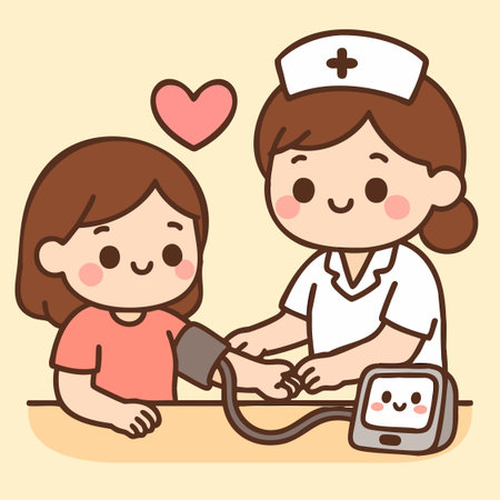 Cute vector illustration of a female patient having her blood pressure checked by a nurse in a charming kawaii style.のイラスト素材