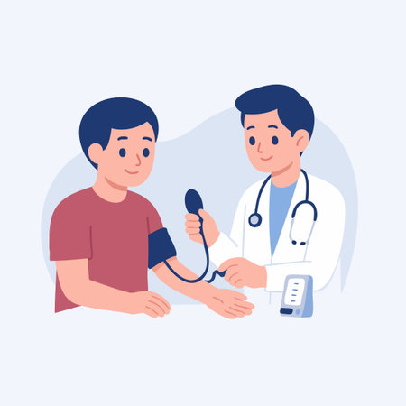 Vector illustration of a doctor measuring a man's blood pressure with a digital device in a medical setting.のイラスト素材