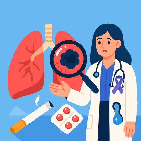 Flat medical illustration of lungs with tumor, doctor, cigarette and awareness ribbon. Ideal for health campaigns, screening, education and stop smoking materials.のイラスト素材