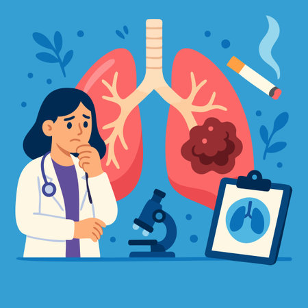 Flat medical illustration of lungs with tumor, doctor, cigarette and awareness ribbon. Ideal for health campaigns, screening, education and stop smoking materials.のイラスト素材