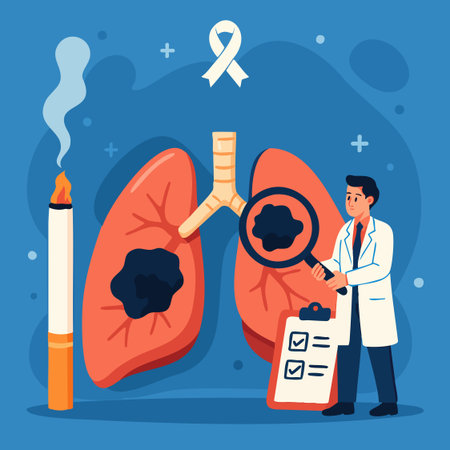 Flat medical illustration of lungs with tumor, doctor, cigarette and awareness ribbon. Ideal for health campaigns, screening, education and stop smoking materials.のイラスト素材