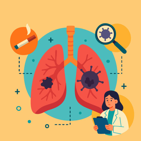 Flat medical illustration of lungs with tumor, doctor, cigarette and awareness ribbon. Ideal for health campaigns, screening, education and stop smoking materials.のイラスト素材