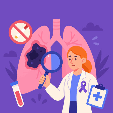 Flat medical illustration of lungs with tumor, doctor, cigarette and awareness ribbon. Ideal for health campaigns, screening, education and stop smoking materials.のイラスト素材