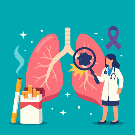 Flat medical illustration of lungs with tumor, doctor, cigarette and awareness ribbon. Ideal for health campaigns, screening, education and stop smoking materials.のイラスト素材