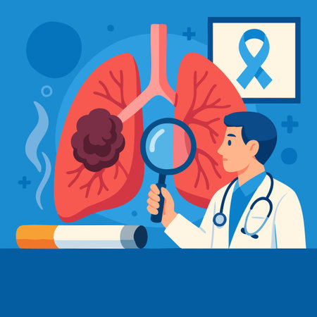 Flat medical illustration of lungs with tumor, doctor, cigarette and awareness ribbon. Ideal for health campaigns, screening, education and stop smoking materials.のイラスト素材