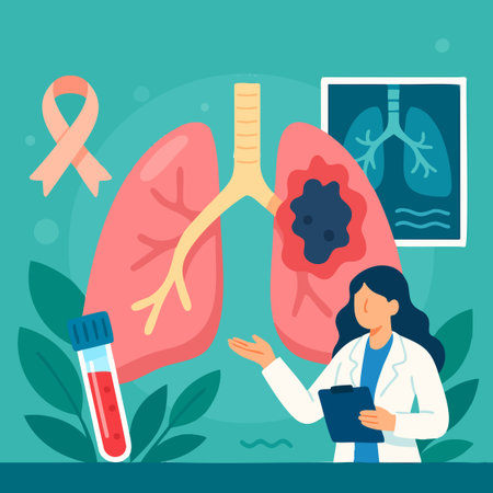 Flat medical illustration of lungs with tumor, doctor, cigarette and awareness ribbon. Ideal for health campaigns, screening, education and stop smoking materials.のイラスト素材