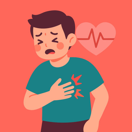 Flat vector of a man clutching his chest with pain icons, heart and ECG. Ideal for cardiology education, emergency warning signs, first aid and health campaigns.のイラスト素材