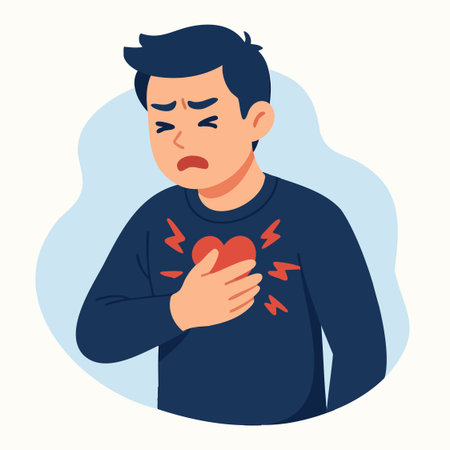 Flat vector of a man clutching his chest with pain icons, heart and ECG. Ideal for cardiology education, emergency warning signs, first aid and health campaigns.のイラスト素材