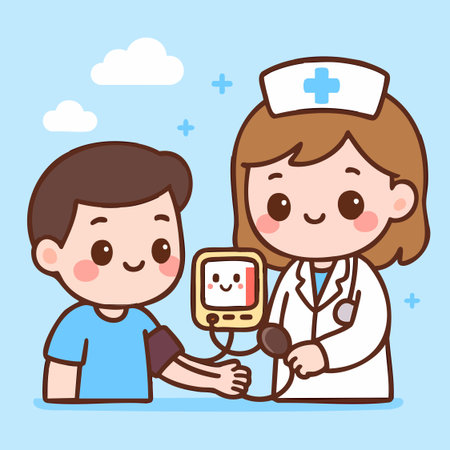 Cute kawaii style illustration of a nurse checking a male patient's blood pressure with a smiling monitor.のイラスト素材