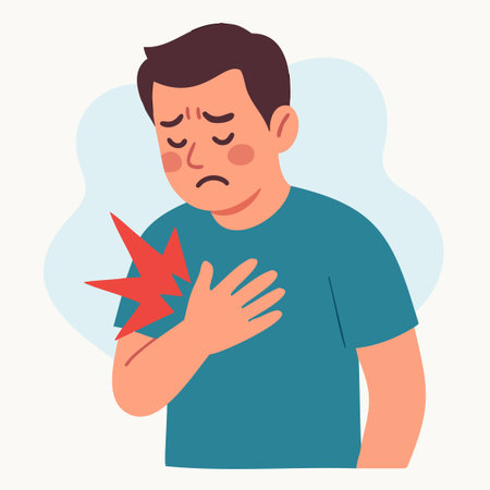 Flat vector of a man clutching his chest with pain icons, heart and ECG. Ideal for cardiology education, emergency warning signs, first aid and health campaigns.のイラスト素材