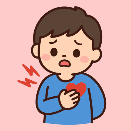 Flat vector of a man clutching his chest with pain icons, heart and ECG. Ideal for cardiology education, emergency warning signs, first aid and health campaigns.のイラスト素材