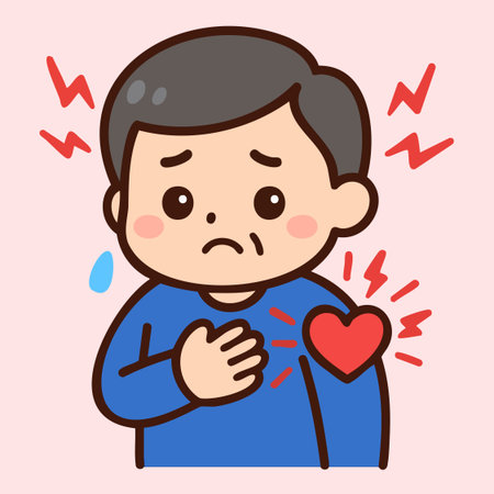 Flat vector of a man clutching his chest with pain icons, heart and ECG. Ideal for cardiology education, emergency warning signs, first aid and health campaigns.のイラスト素材