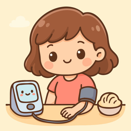 Cute vector illustration of a female patient having her blood pressure checked by a nurse in a charming kawaii style.のイラスト素材