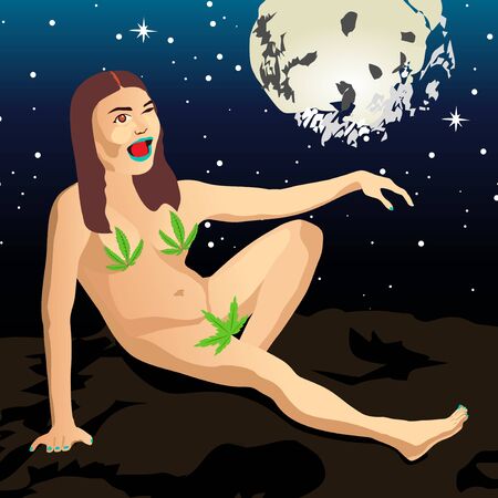 Naked girl looking at the moon and stars cannabis marijuana weed leaf night colourfulのイラスト素材