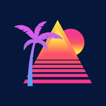 Sunset Beach Summer Ocean Palm Tree Geometric Pyramid Retro Vintage Gradientのイラスト素材