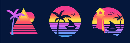 Sunset Beach Summer Ocean Palm Tree Boat Lighthouse Retro Vintage Set Collectionのイラスト素材