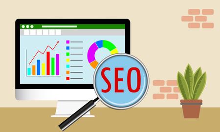 Vector illustration of SEO Concept. Magnifying glass on computer for a search engine optimization, analytics, media rank, content positioning, and analysis.のイラスト素材