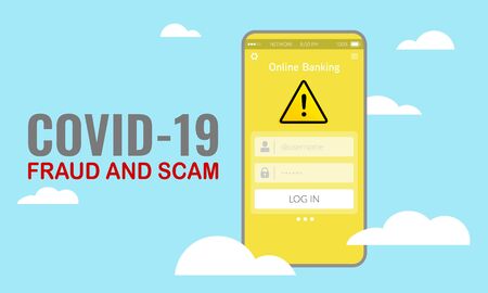 Vector illustration of fraud and scam alert notification on smart phone during Covid-19 pandemic outbreak.のイラスト素材