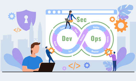 Vector illustration of DevSecOps methodology of a secure software development process works. Cybersecurity concept.のイラスト素材