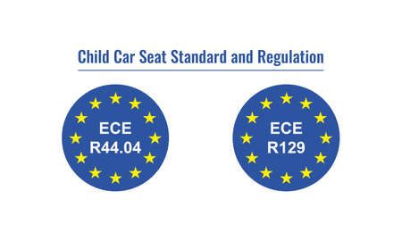 Vector illustration of Child Car Seat Standard ECE R44.04 and R129 sticker design in circular shapeのイラスト素材