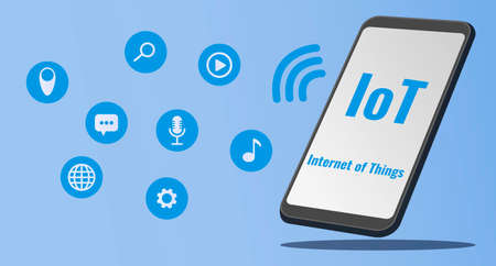 Illustration of smartphone managing internet of things (iot) application music, video, mic, search, setting, chatbot, internet communication and signal location app..のイラスト素材