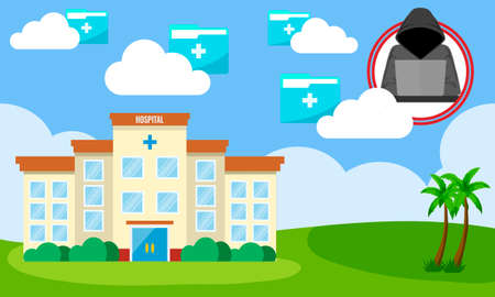 Vector illustration of cyber security threats at hospital. Malware,  ransomware attack, data breach in healthcare systems. Hipaa compliance vulnerability..のイラスト素材