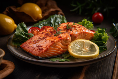 Grilled salmon fillet with lemon and salad on dark wooden backgroundの素材