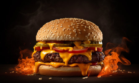 Big tasty cheeseburger on a black background with smoke and fireの素材
